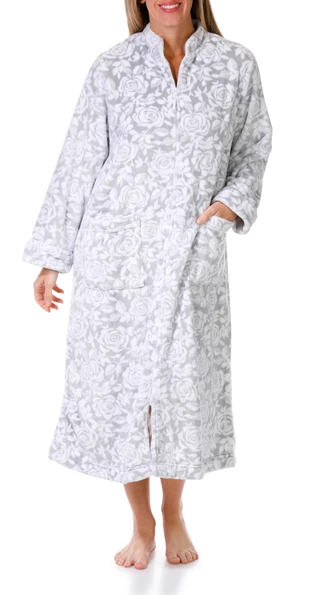 Thumbnail 1: Aria Aria Womens Zip Collar Rose Print Silky Plush Robe 