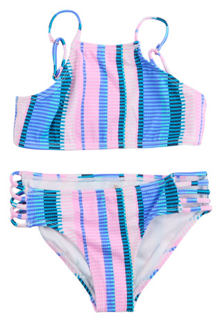 Thumbnail 1: RAISINS Raisins Big Girls 2 Pc High Neck Striped Bikini Swimsuit 