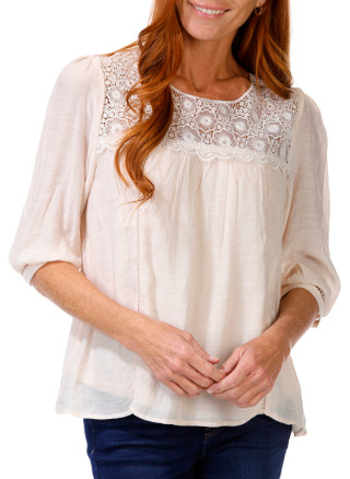 Thumbnail 1: FIGUEROA & FLOWER Figueroa and Flower Womens 3/4 Sleeve Crochet Yoke Top 