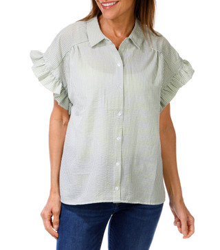 Thumbnail 1: LIV LOS ANGELES Women's Button Up Seersucker Ruffle Sleeve Top 