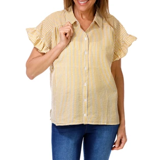 Thumbnail 1: LIV LOS ANGELES Women's Button Up Seersucker Ruffle Sleeve Top 