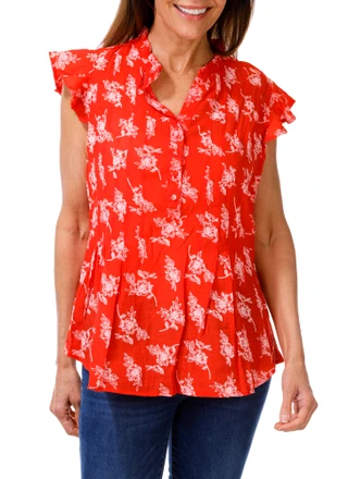 Thumbnail 1: Kate Park Women's Petite Floral Print Ruffled Top  