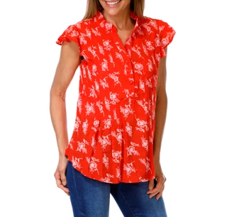 Thumbnail 2: Kate Park Women's Petite Floral Print Ruffled Top  