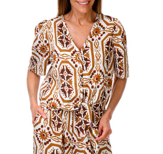 Thumbnail 1: MELLODAY Women's Print Button Up Tie Front Top 