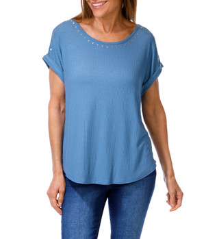 Thumbnail 1: RIO & RIAN Women's Solid Stripe Studded Top  