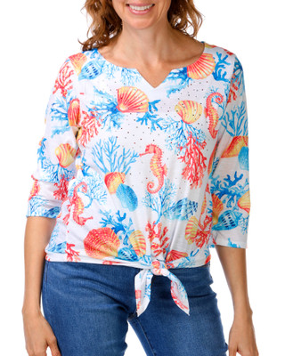 Thumbnail 1: Onque Women's Tropical Rhinestone Tie Front Top 