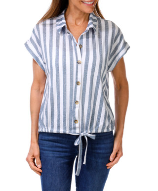 Thumbnail 1: Tru Self Women's Short Sleeve Striped Tie Front Top 