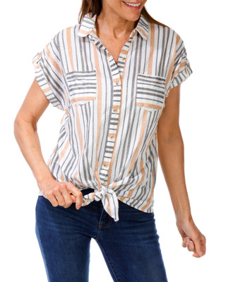 Thumbnail 1: Eden & Olivia Women's Short Sleeve Stripe Button Down Top 