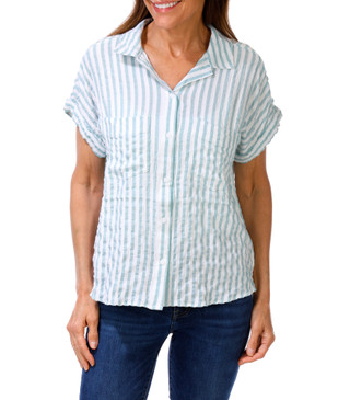 Thumbnail 1: Beach Lunch Lounge Women's Short Sleeve Striped Button Down Top 