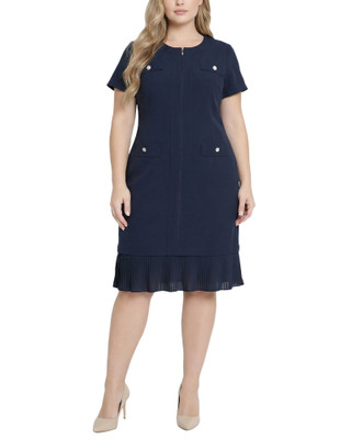Thumbnail 1: Ny Collection Plus Solid Pleat Hem Short Sleeve Dress 