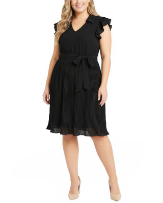 Thumbnail 1: Ny Collection Plus Solid Belted Pleated Cap Sleeve Dress 