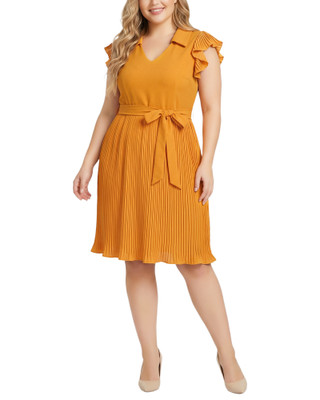 Thumbnail 1: Ny Collection Plus Solid Belted Pleated Cap Sleeve Dress 