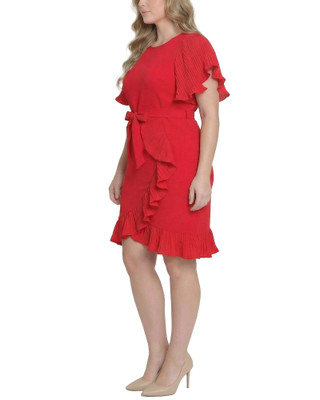 Thumbnail 4: Ny Collection Plus Solid Belted Flutter Sleeve Wrap Front Dress 