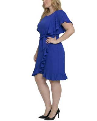 Thumbnail 3: Ny Collection Plus Solid Belted Flutter Sleeve Wrap Front Dress 