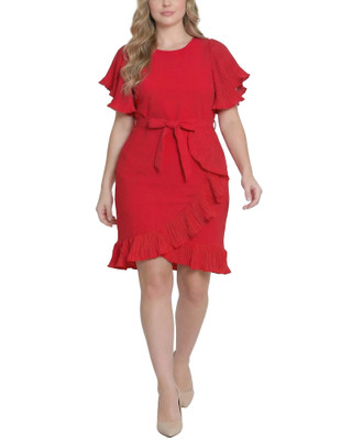 Thumbnail 1: Ny Collection Plus Solid Belted Flutter Sleeve Wrap Front Dress 