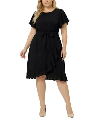 Thumbnail 1: Ny Collection Plus Solid Belted Flutter Sleeve Wrap Front Dress 