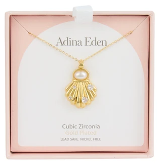 Thumbnail 1: ADINA EDEN Gold Plated Boxed CZ Shell Pendant Necklace 