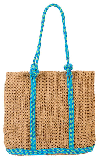 Thumbnail 2: Sun N' Sand Blue Trim Straw Beach Tote Bag 
