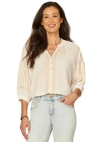 Thumbnail 1: Democracy Petite 3Q Ruffle Neck Floral Placket Woven Top 