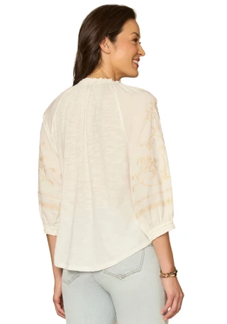 Thumbnail 3: Democracy Petite 3Q Ruffle Neck Floral Placket Woven Top 