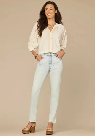Thumbnail 4: Democracy Petite 3Q Ruffle Neck Floral Placket Woven Top 
