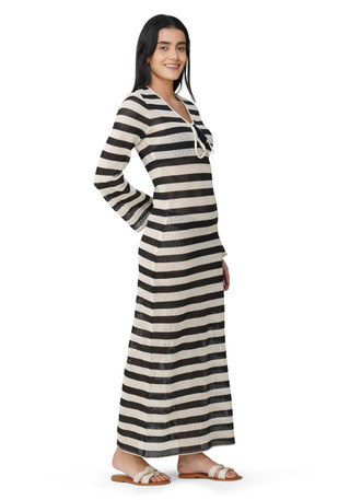 Thumbnail 5: Women's Long Sleeve Crochet Stripe Cover-Up Dress 