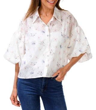 Thumbnail 1: LIV LOS ANGELES Women's Bubble Sleeve Butterfly Eyelet Top 