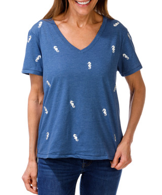 Thumbnail 1: Wild Fox Women's Embroidered Seahorse Print Top  