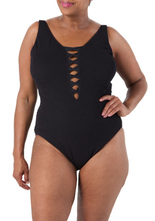 Thumbnail 1: Bleu Rod Beattie Women's Plus Lace Down Solid One Piece Swimsuit 