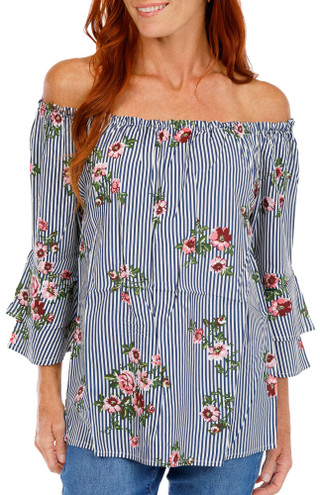 Thumbnail 1: Venus Women's 3/4 Sleeve Striped Off The Shoulder Top 