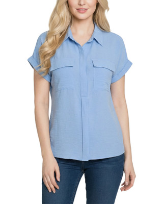 Thumbnail 1: Ny Collection Petite Solid Woven Short Roll Cuff Top 