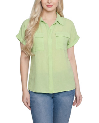 Thumbnail 1: Ny Collection Petite Solid Woven Short Roll Cuff Top 