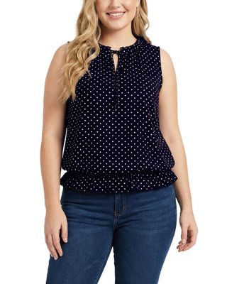Thumbnail 1: Ny Collection Plus Dot Ruffle Keyhole Tie Front Sleeveless Top 