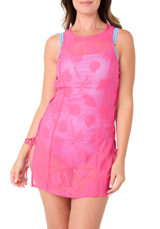 Thumbnail 1: Miken Women's Sleeveless Sealife Print Side Tie Crochet Cover Up 