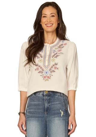 Thumbnail 1: Democracy Womens 3Q Sleeve Embroidered Woven Top 