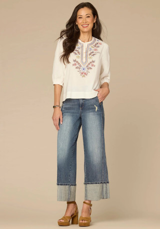 Thumbnail 4: Democracy Womens 3Q Sleeve Embroidered Woven Top 