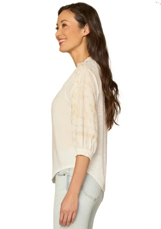 Thumbnail 8: Democracy Womens 3Q Embroidered Split Neck Woven Top 