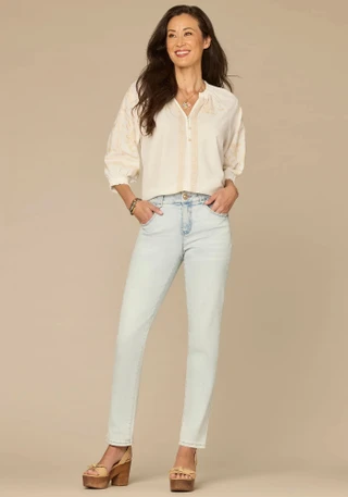 Thumbnail 3: Democracy Womens 3Q Embroidered Split Neck Woven Top 