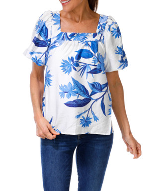 Thumbnail 1: UNIQUE SPECTRUM Women's Tropical Print Puffy Sleeve Top 