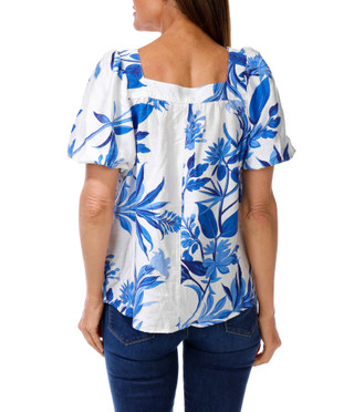 Thumbnail 2: UNIQUE SPECTRUM Women's Tropical Print Puffy Sleeve Top 