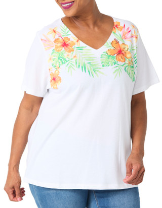 Thumbnail 1: Coral Bay Plus Short Sleeve Tropical Floral V-Neck Top 