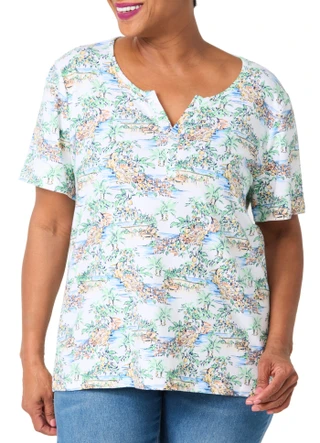 Thumbnail 1: Coral Bay Plus Short Sleeve Lemon Scenic Henley Top 