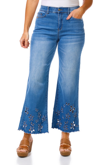 Thumbnail 1: Stella Parker Women's Embroidered Hem Stretch Wide Leg Jeans 