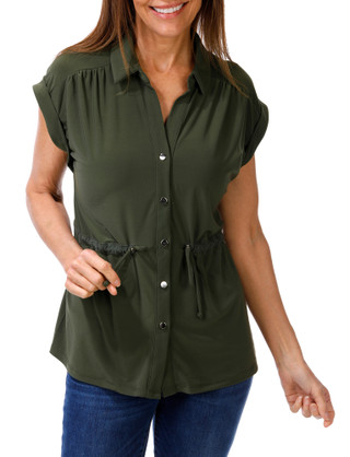 Thumbnail 1: SHOL Women's Cap Sleeve Drawstring Button Up Top 