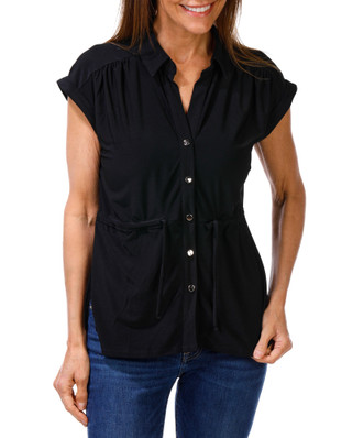 Thumbnail 1: SHOL Women's Cap Sleeve Drawstring Button Up Top 