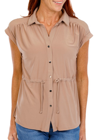 Thumbnail 1: SHOL Women's Cap Sleeve Drawstring Button Up Top 
