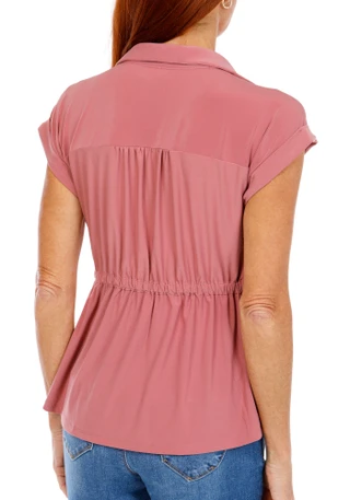 Thumbnail 2: SHOL Women's Cap Sleeve Drawstring Button Up Top 