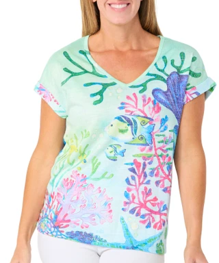 Thumbnail 1: ART & SOL Women's Short Sleeve Tropical Print Top 