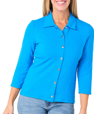 Thumbnail 2: Cyrus Women's 3/4 Sleeve Solid Ribbed Button Down Top 