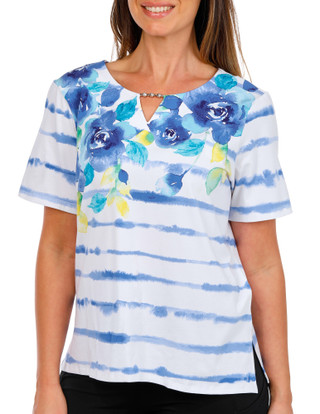 Thumbnail 1: Alfred Dunner Petite Short Sleeve Striped Floral Split Neck Tee 
